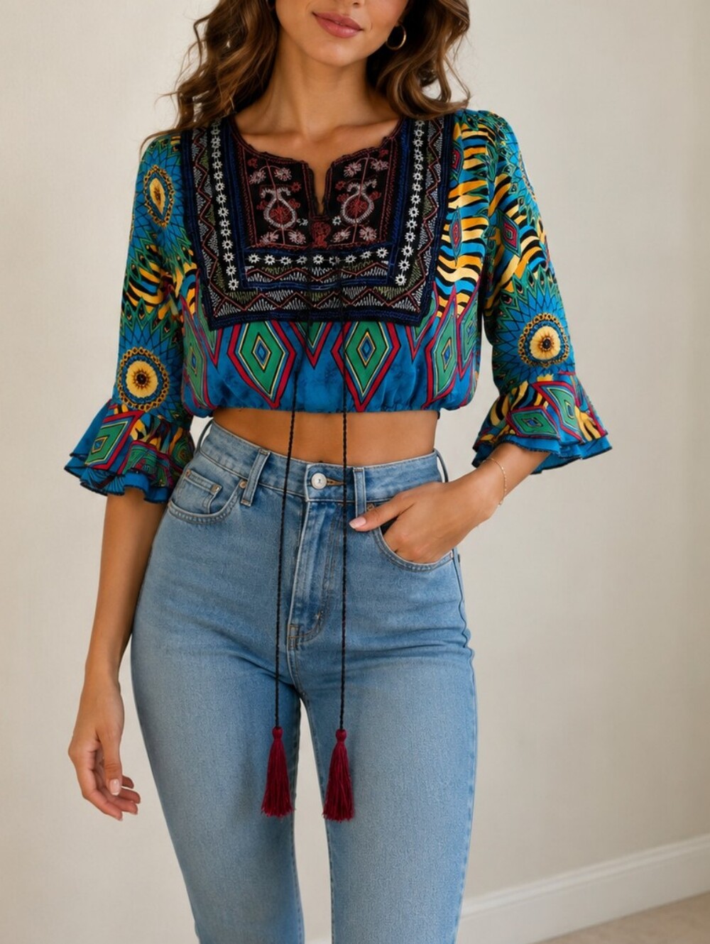 Bohemian Tile-Print Tie-Front Women's Top in Turquoise